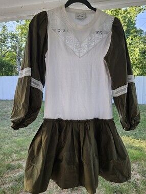 Tanya Taylor Kirstie Olive Green Puff Sleeve Dress with Pockets XS